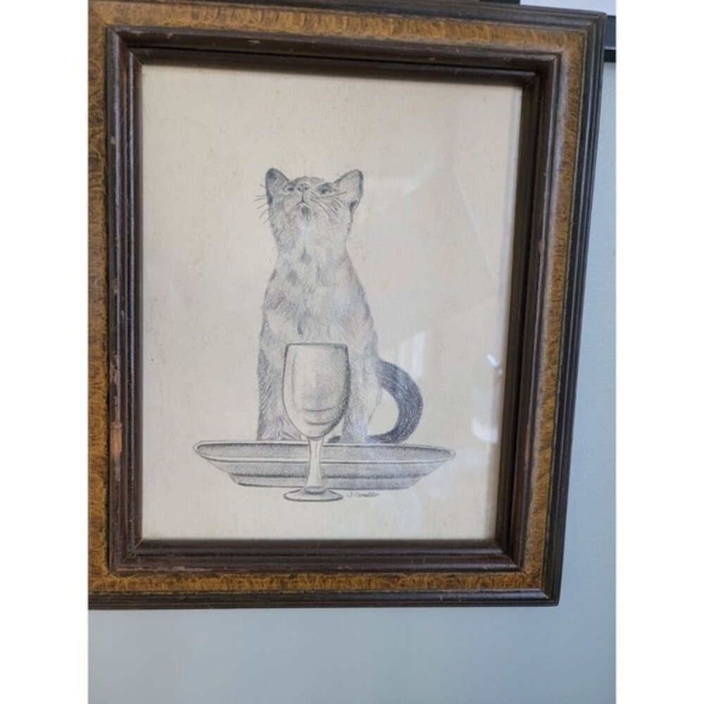 Vintage CAT Picture Drawing Pencil Sketch Wood Framing J. Camillo Artist Signed